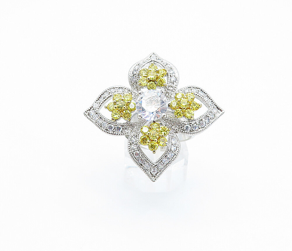 925 Silver  Cubic Zirconia & Citrine Flower Statement Ring Sz 6.5  RG3627