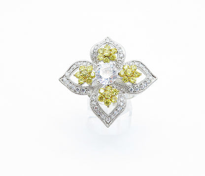 925 Silver  Cubic Zirconia & Citrine Flower Statement Ring Sz 6.5  RG3627