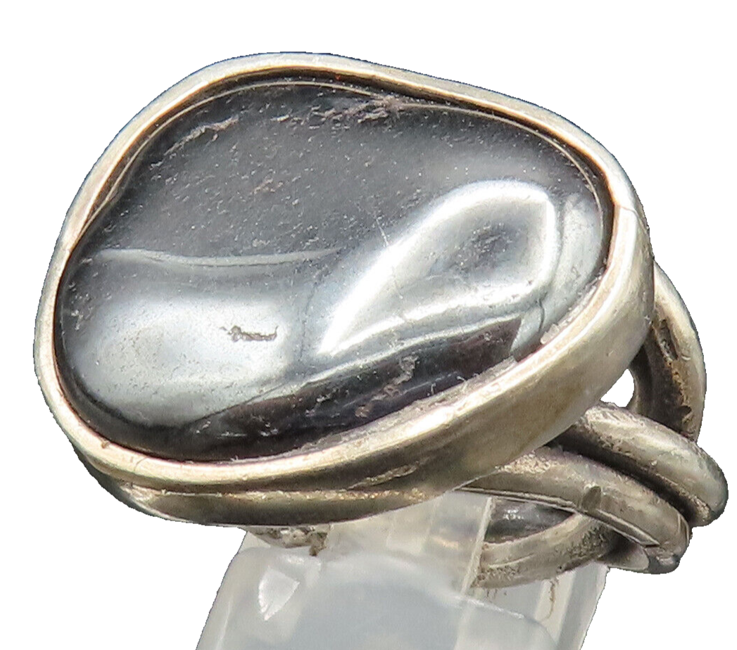 925 Silver  Vintage Hematite Brutalist Crisscross Shank Ring Sz 8  RG24867