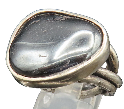 925 Silver  Vintage Hematite Brutalist Crisscross Shank Ring Sz 8  RG24867