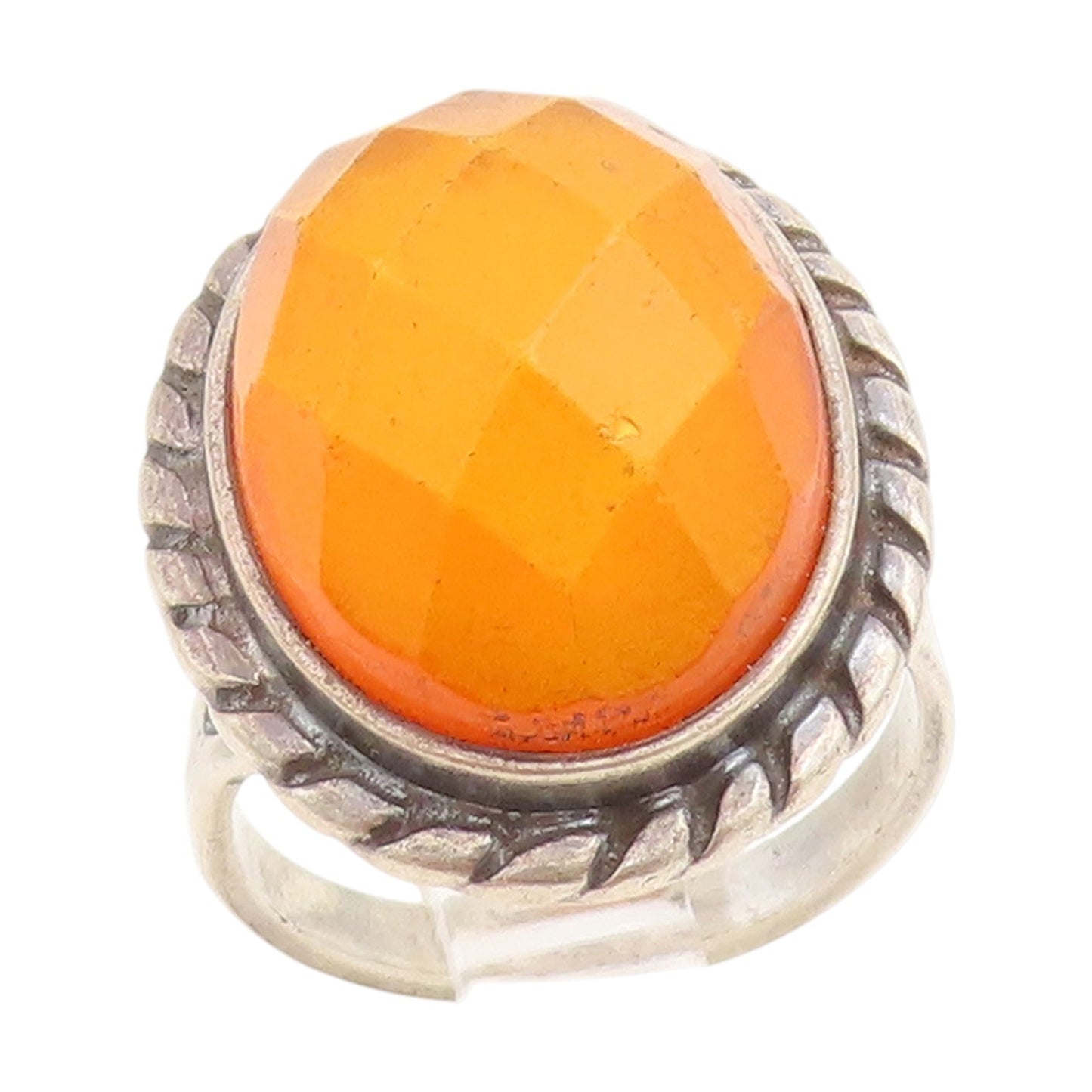 925 Sterling Silver Vintage Ring POLAND Faceted Amber Rope Border  Sz 6  RG34771