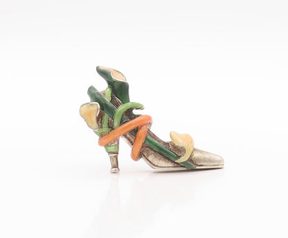 925 Sterling Silver Vintage Brooch Pin Enameled Roped & Floral Shoe  BP11177