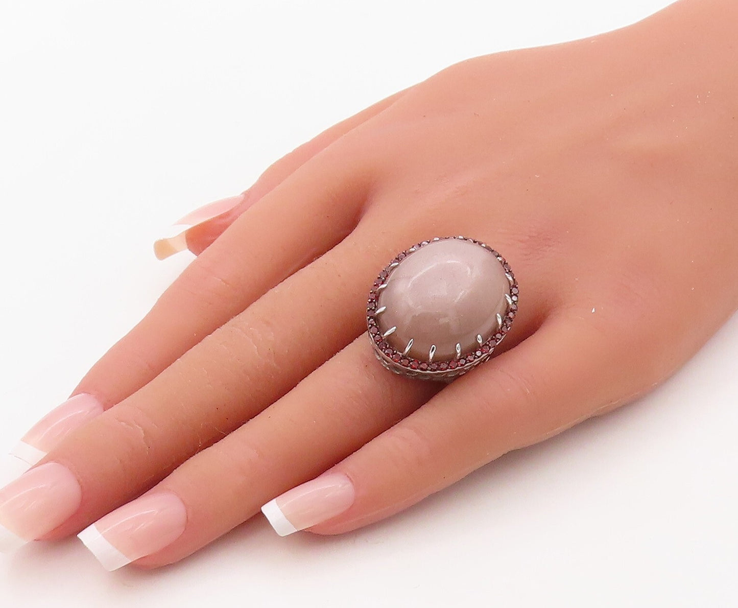925 Sterling Silver Vintage Ring Large Cabochon Gemstone Halo CZ  Sz 7  RG30828