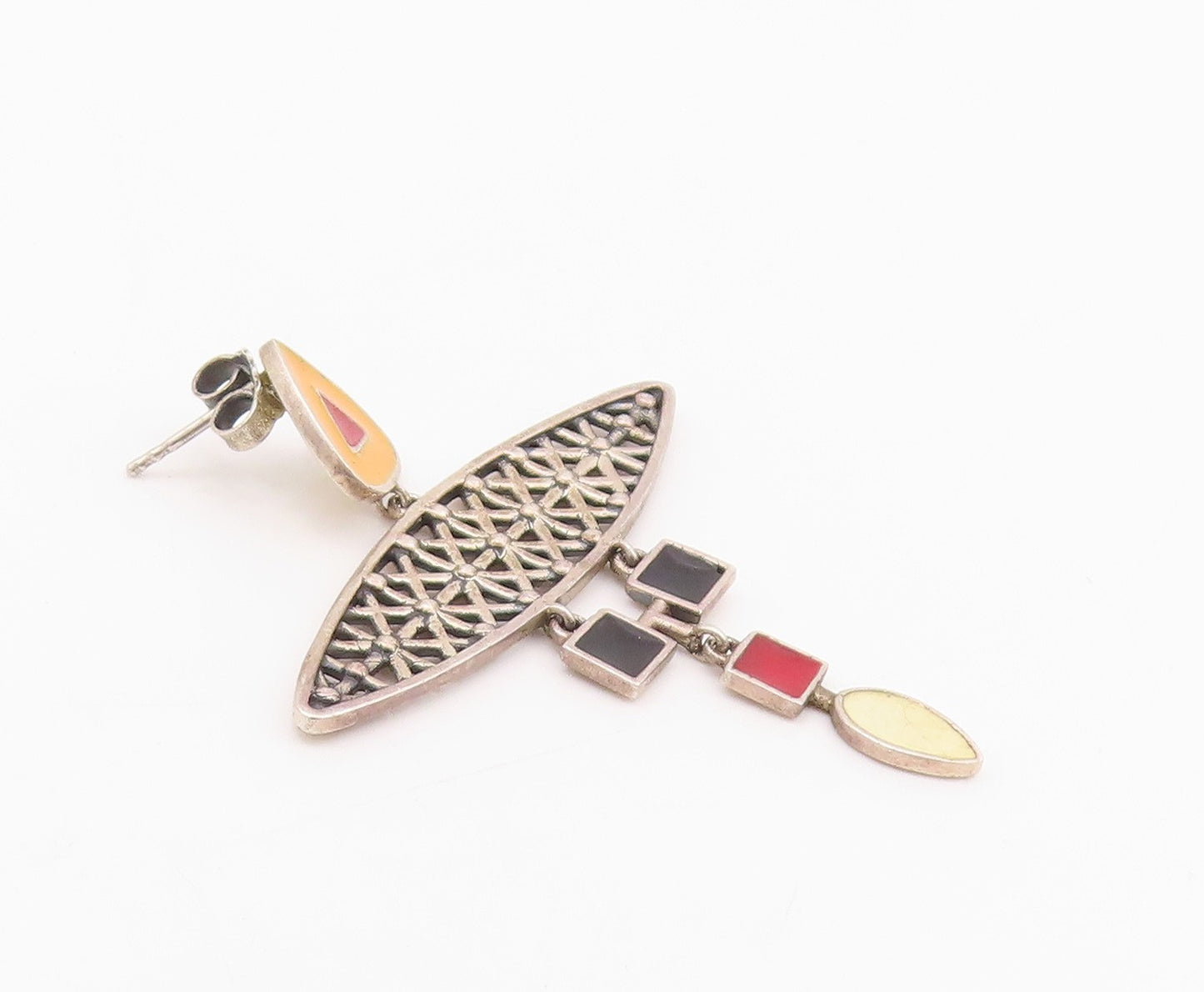 925 Sterling Silver Vintage Earrings Enameled Geometric Design Cut  EG13659