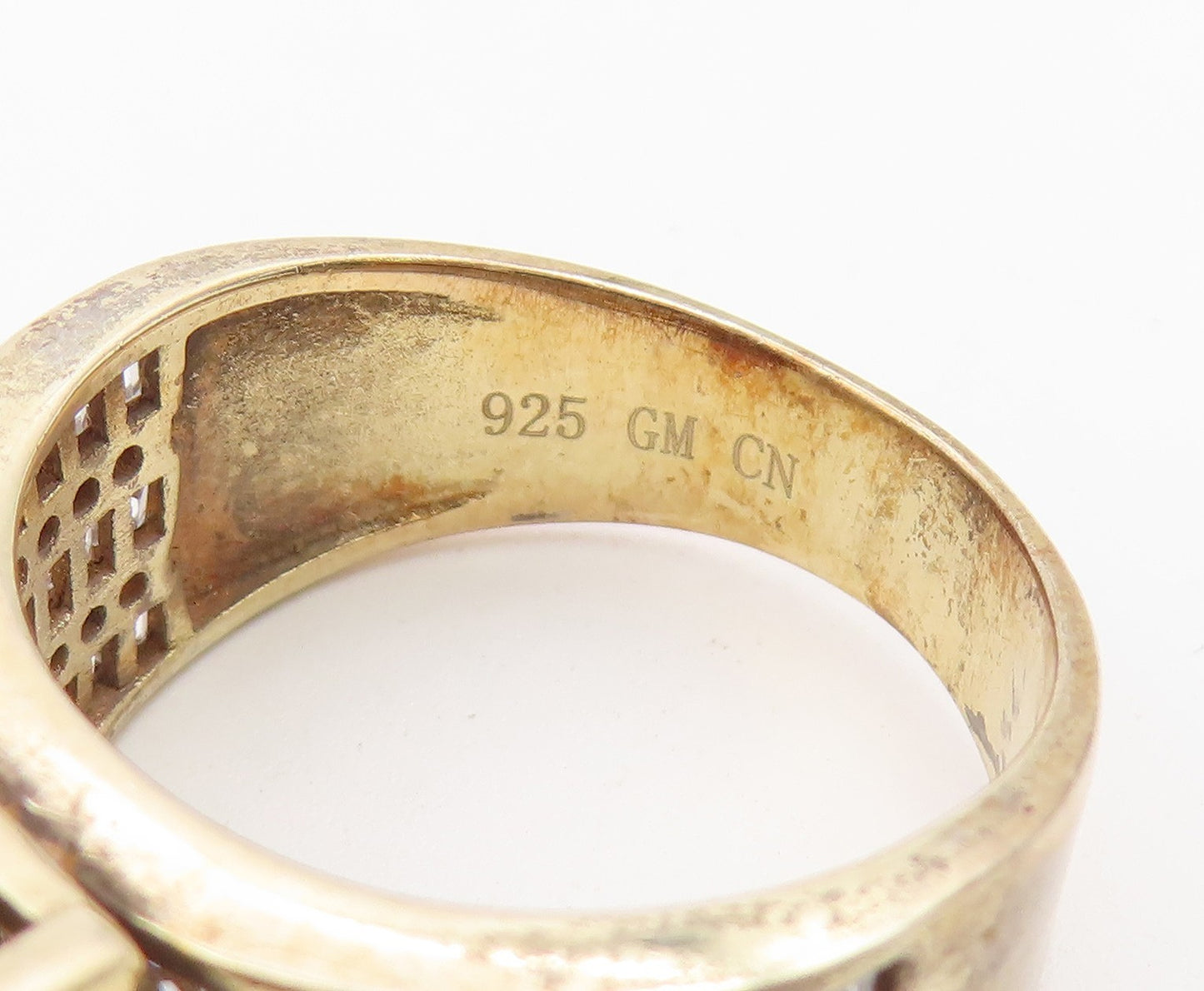 925 Sterling Silver Vintage Ring Gold Plated CZ Statement Band  Sz 9  RG36764
