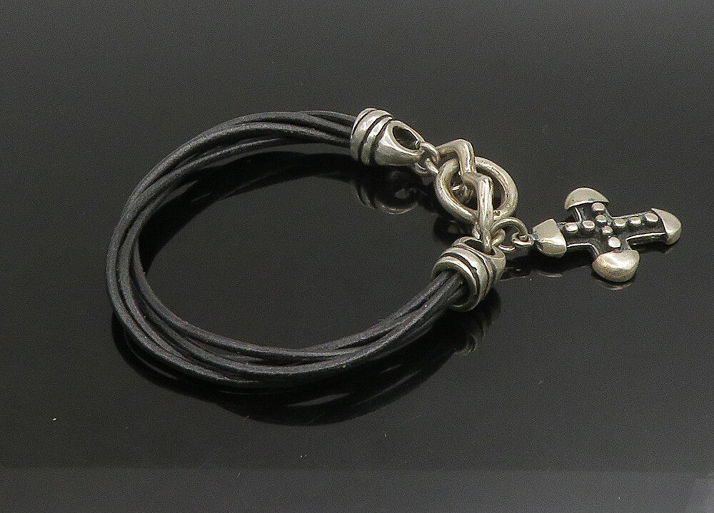 JRI MEXICO 925 Silver   Vintage Religious Cross Leather Rope Bracelet  BT9099