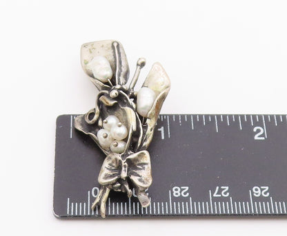 DESIGNER 925 Silver  Vintage Baroque Pearls Floral Butterfly Brooch Pin BP9257