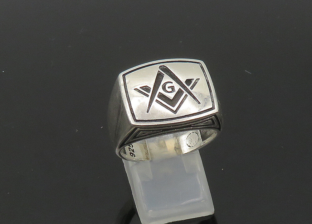 925 Sterling Silver  Vintage Freemason Symbol Square Band Ring Sz 10  RG21760