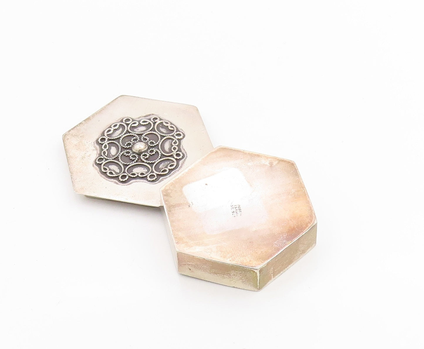 925 Sterling Silver Vintage Pill Box ISRAEL Floral Hexagon Trinket OPENS  TR4057