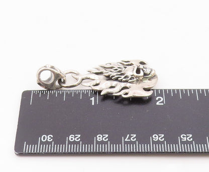 925 Sterling Silver  Vintage Skeleton Head & Fire Flames Pendant  PT18614