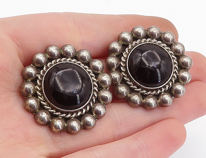 MEXICO 925 Silver  Vintage Black Onyx Floral Twist Non Pierce Earrings  EG2242