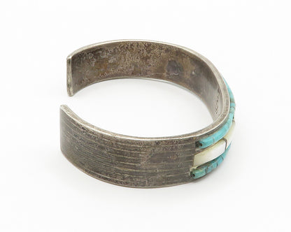 ZUNI 925 Silver  Vintage Mother Of Pearl & Turquoise Cuff Bracelet  BT5731
