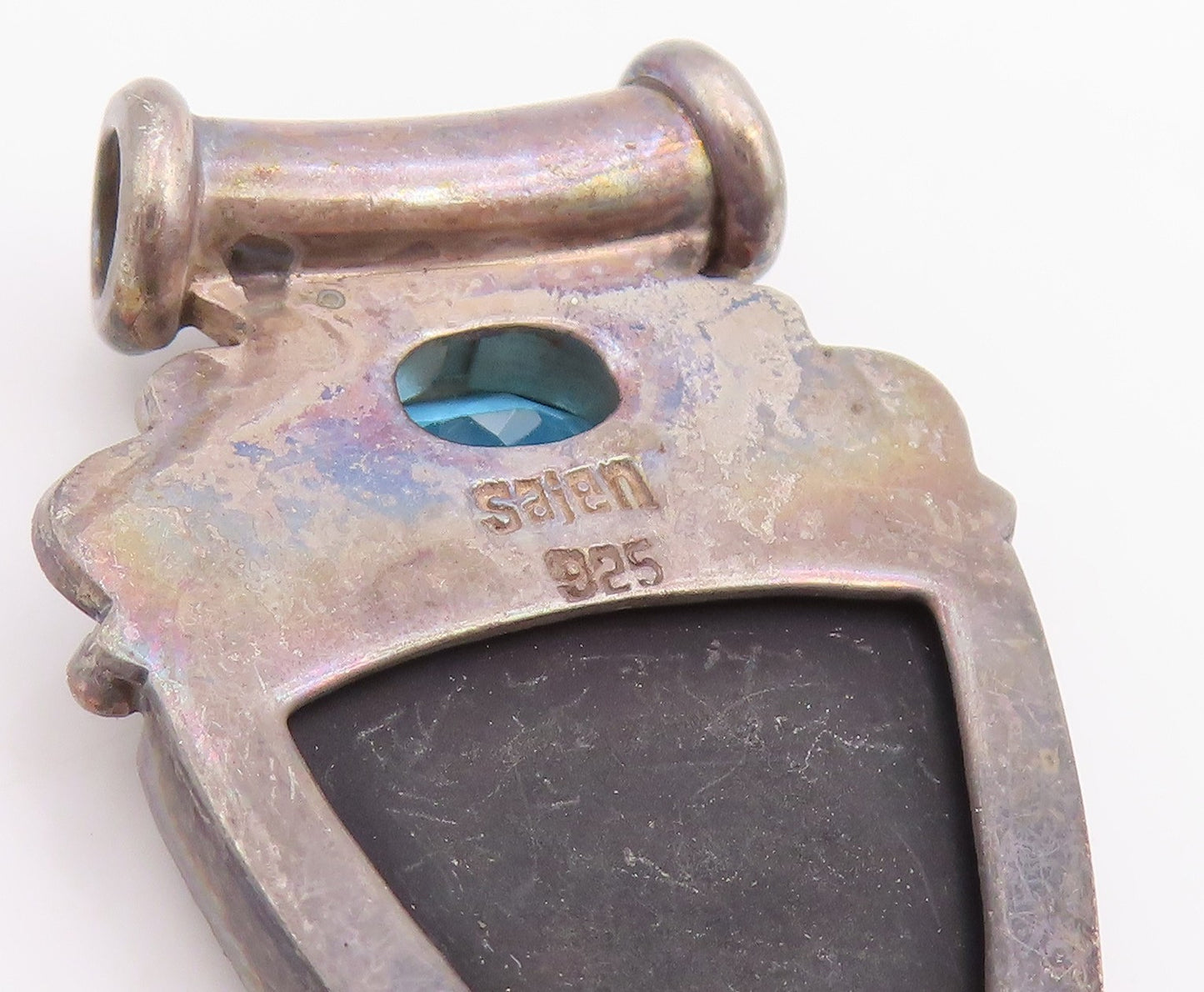 925 Sterling Silver Vintage Pendant SAJEN Abalone & Blue Topaz Swirls  PT25151