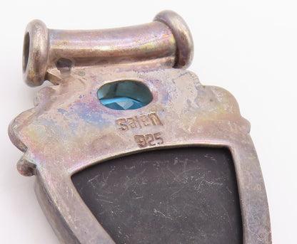 925 Sterling Silver Vintage Pendant SAJEN Abalone & Blue Topaz Swirls  PT25151