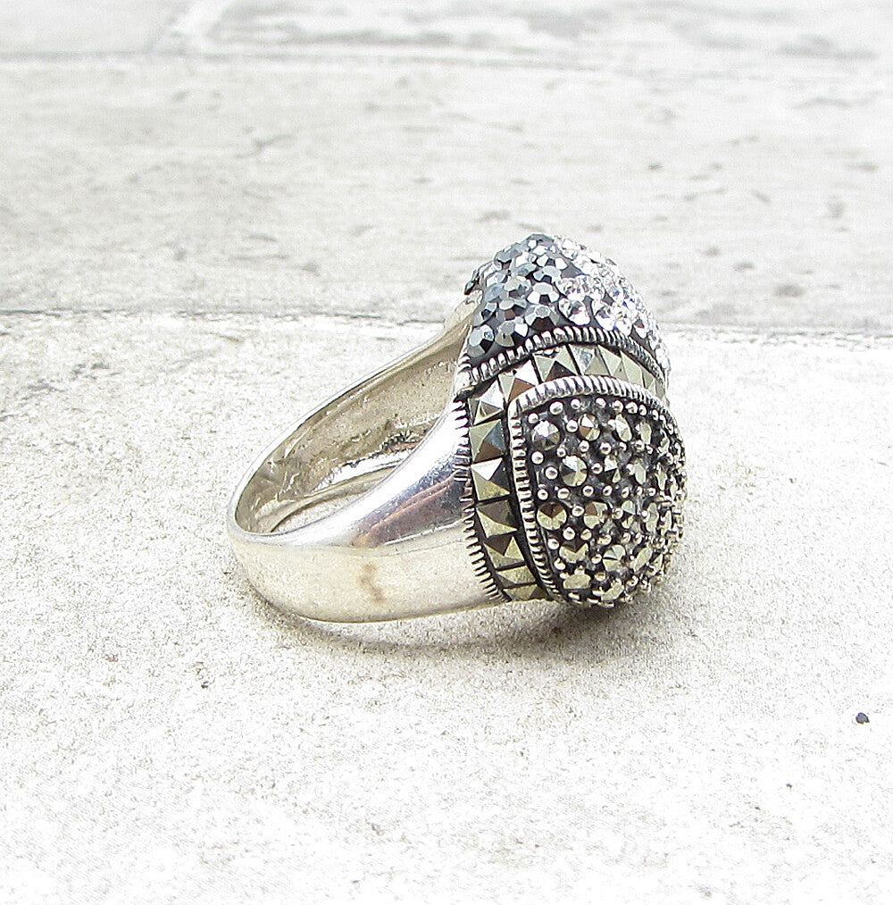 925 Sterling Silver  Crystals & Marcasite Cluster Oval Band Ring Sz 6  RG1564