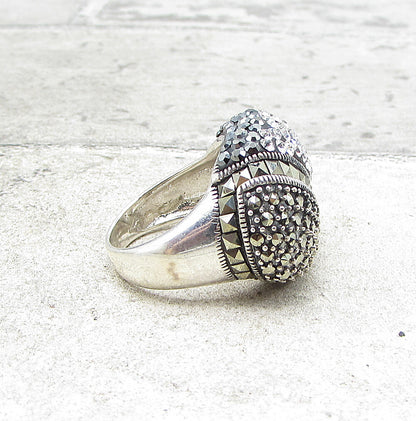 925 Sterling Silver  Crystals & Marcasite Cluster Oval Band Ring Sz 6  RG1564
