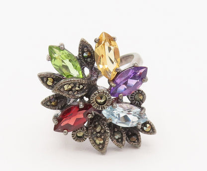 925 Silver  Vintage Amethyst Garnet & Gemstones Flower Ring Sz 7.25  RG26199