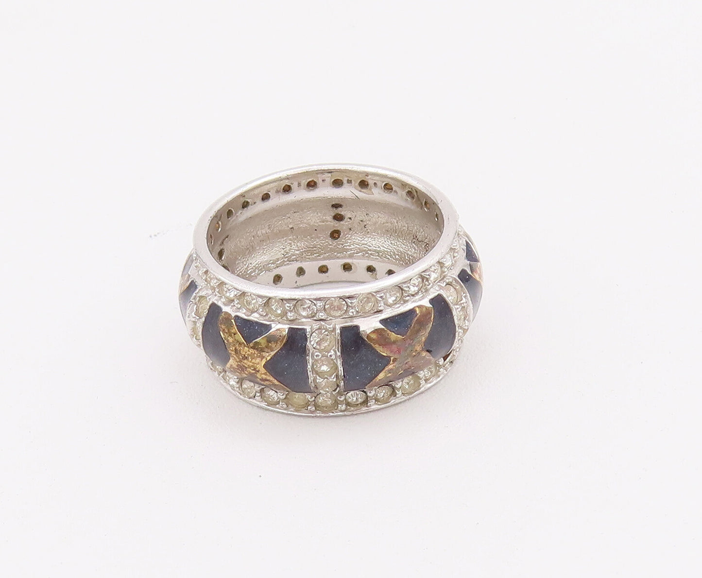 925 Sterling Silver Vintage Ring Designer Topaz Band Framed Carved Sz 6  RG28055