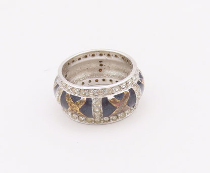 925 Sterling Silver Vintage Ring Designer Topaz Band Framed Carved Sz 6  RG28055