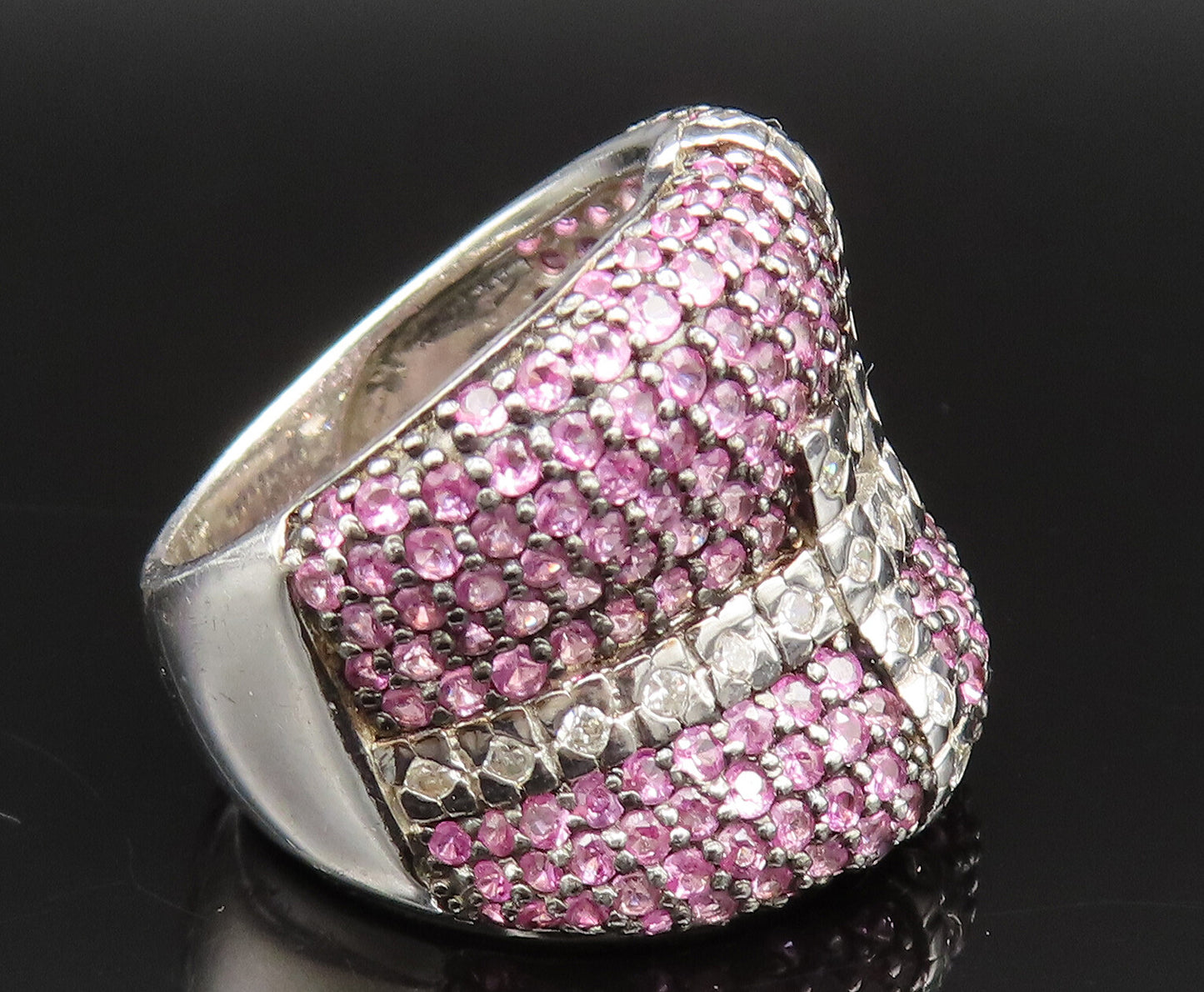 925 Silver  Vintage Concave Sparkly Topaz Wide Band Ring Sz 7.5  RG25393