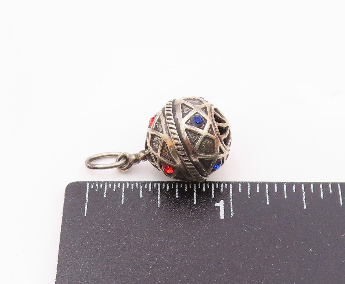 925 Silver  Vintage Triangle Pattern Red & Blue Spinel Sphere Pendant  PT20705