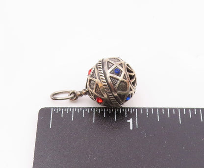 925 Silver  Vintage Triangle Pattern Red & Blue Spinel Sphere Pendant  PT20705