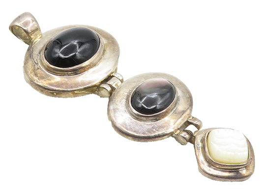 ESPO SIG 925 Silver  Vintage Mother Of Pearl Abalone & Onyx Pendant  PT7869