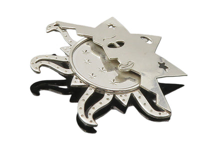 MEXICO 925 Sterling Silver  Vintage Shiny Sun Face & Stars Brooch Pin  BP3375