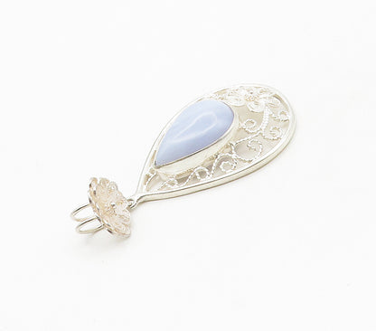 925 Sterling Silver  Cabochon Tear Drop Agate Floral Swirl Pendant  PT12213