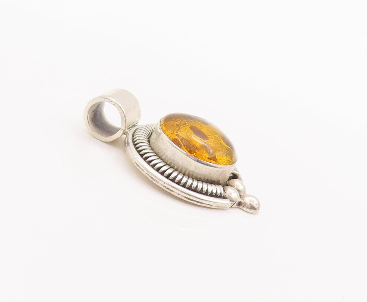 925 Sterling Silver Vintage Pendant MEXICO Honey Amber Halo Coiled Rope  PT22529