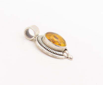 925 Sterling Silver Vintage Pendant MEXICO Honey Amber Halo Coiled Rope  PT22529