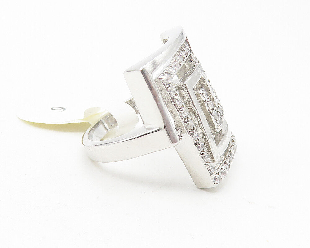 925 Sterling Silver  White Topaz Shiny Greek Key Cocktail Ring Sz 6  RG11362