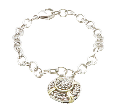 925 Sterling Silver  Genuine Diamonds 2 Tone Wheat Charm Chain Bracelet BT4810