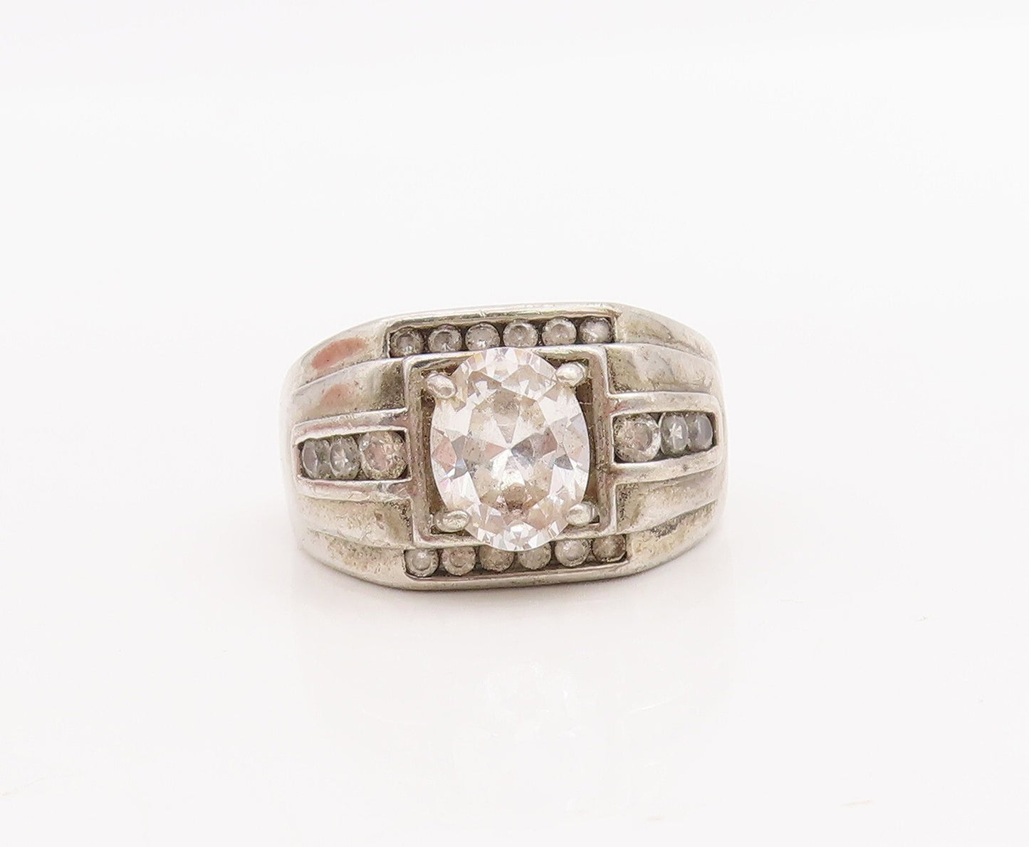 925 Sterling Silver Vintage Ring Round Cut CZ Halo CZ Band Inlay  Sz 8.5 RG28663