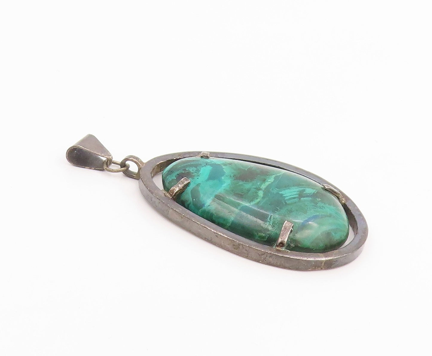 925 Sterling Silver Vintage Pendant Modernist Cabochon Malachite Drop  PT26251