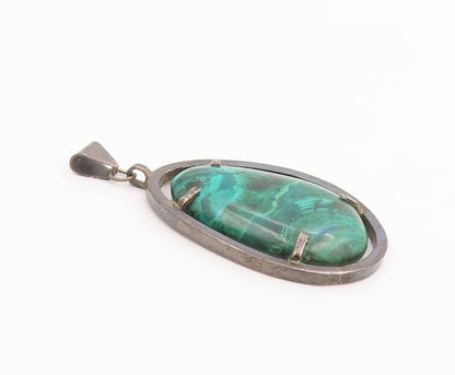925 Sterling Silver Vintage Pendant Modernist Cabochon Malachite Drop  PT26251