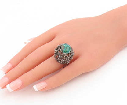 925 Sterling Silver Vintage Ring ISRAEL Turquoise Openwork Dome  Sz 8  RG34749