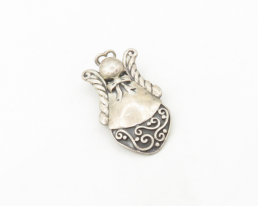 925 Sterling Silver  Vintage Shiny Angel With Ribbon Bow Brooch Pin  BP7214
