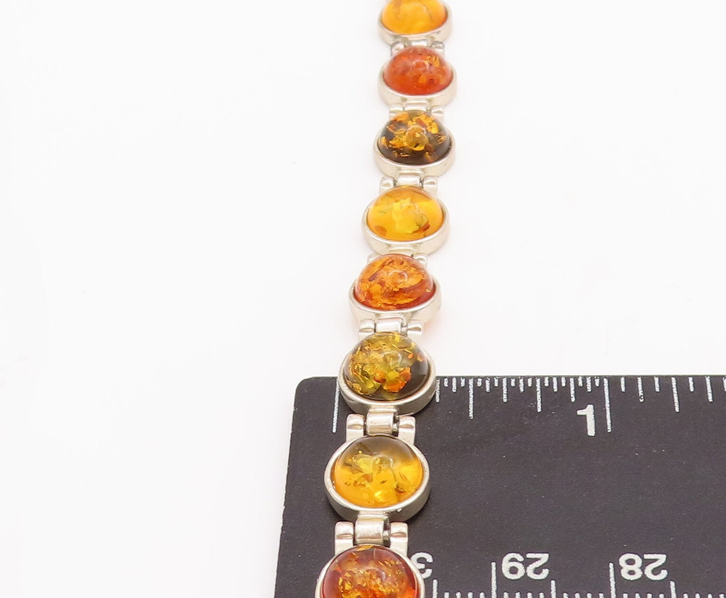 925 Sterling Silver Vintage Bracelet Round Honey Amber Hinged Links  BT10667