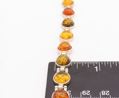 925 Sterling Silver Vintage Bracelet Round Honey Amber Hinged Links  BT10667