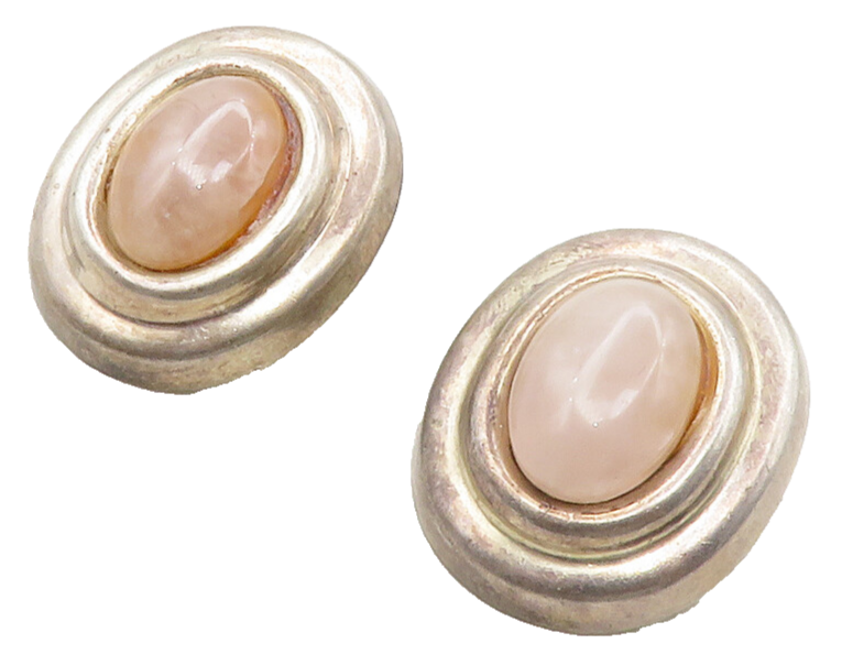 MEXICO 925 Sterling Silver  Vintage Cabochon Rose Quartz Drop Earrings  EG6761