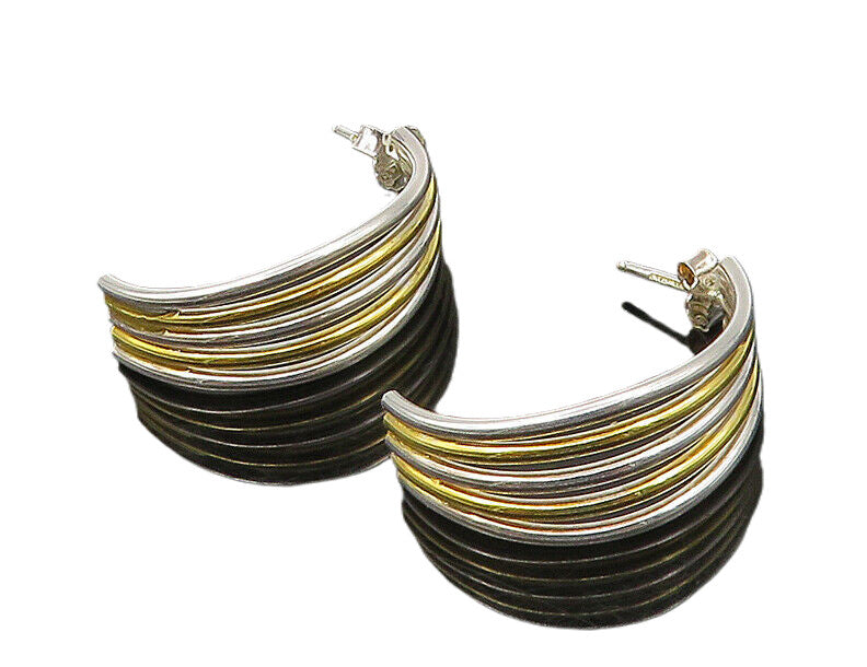 925 Sterling Silver  Vintage Shiny Two Tone Split JHoop Earrings  EG11343