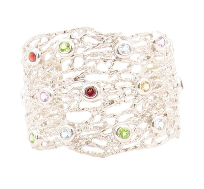 925 Sterling Silver Vintage Bracelet Brutalist Cut Gemstone Broad Cuff  BT11230