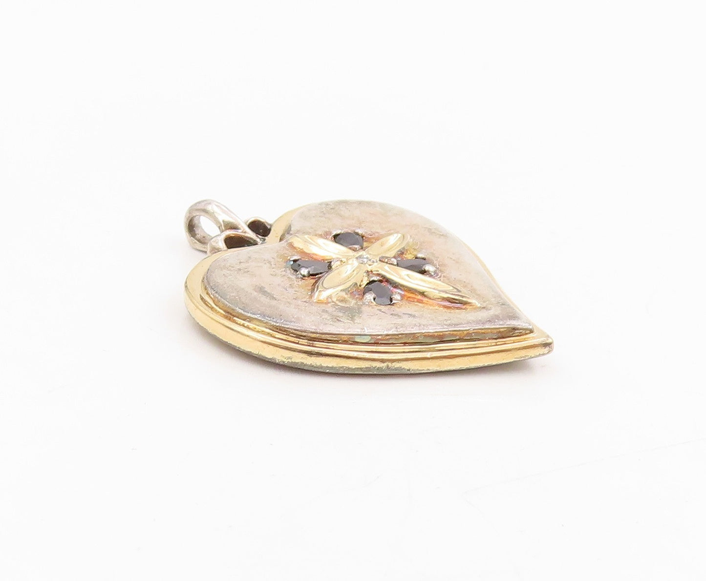 925 Sterling Silver Vintage Pendant Real Diamond Sapphire Heart & Cross  PT25318