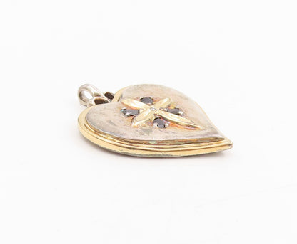 925 Sterling Silver Vintage Pendant Real Diamond Sapphire Heart & Cross  PT25318