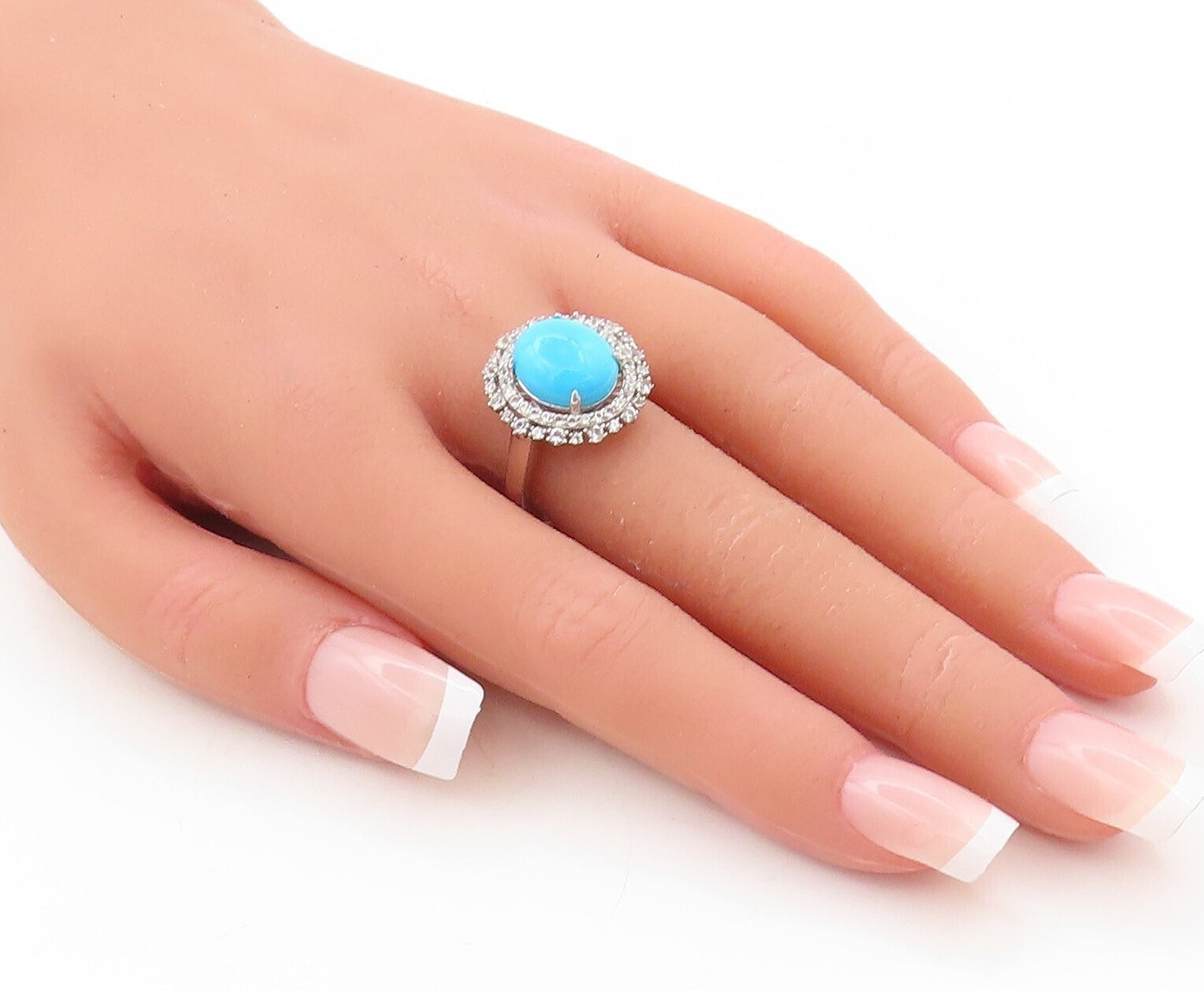 925 Sterling Silver Vintage Ring Cabochon Turquoise Halo Topaz  Sz 8  RG31019