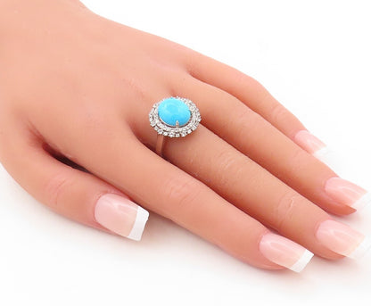 925 Sterling Silver Vintage Ring Cabochon Turquoise Halo Topaz  Sz 8  RG31019