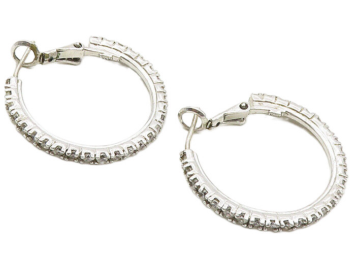 925 Sterling Silver  Petite White Topaz Shiny Round Hoop Earrings   EG5226