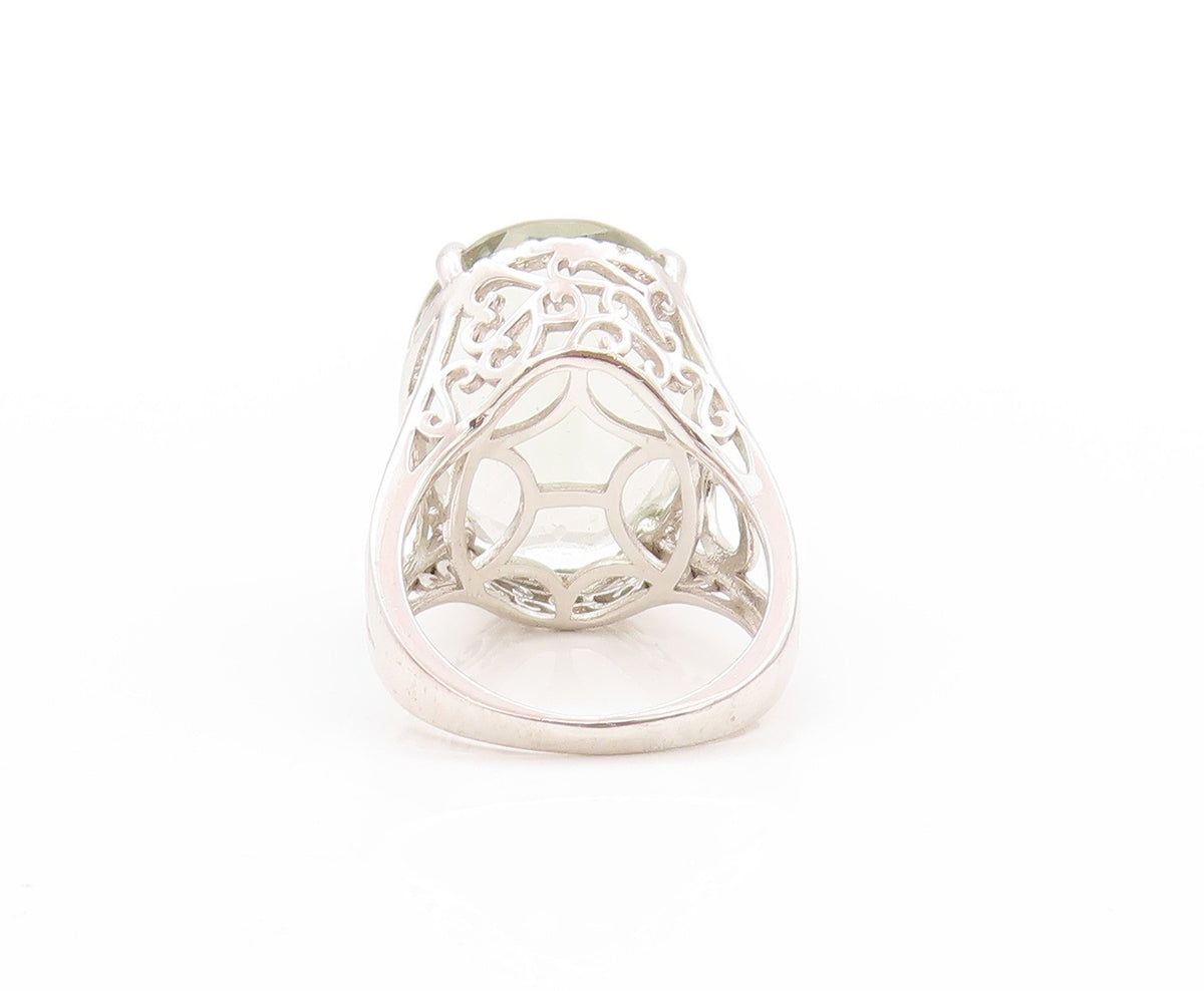 925 Sterling Silver Vintage Ring Oval Green Amethyst Halo Topaz  Sz 7  RG32736