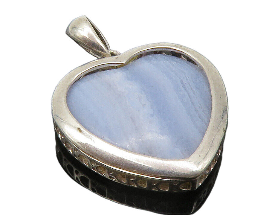 925 Sterling Silver  Blue Agate Open Love Heart Shiny Drop Pendant  PT9980